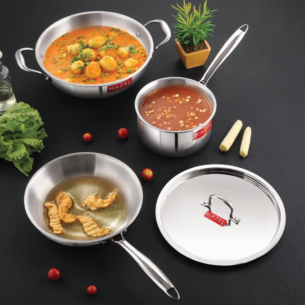 HAZEL Triply Stainless Steel Induction Bottom Fry Pan 1.5 Litre, Kadhai 3 Litre and Sauce Pan With Stainless Steel Lid