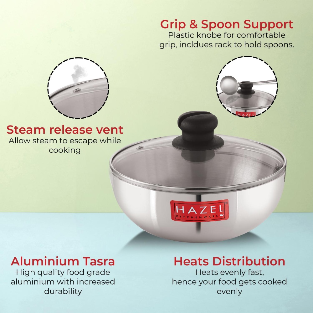 HAZEL Aluminium Kadai Without Handle | Aluminium Tasra Tasla Cookware with Glass Cover Lid, 1500 ML