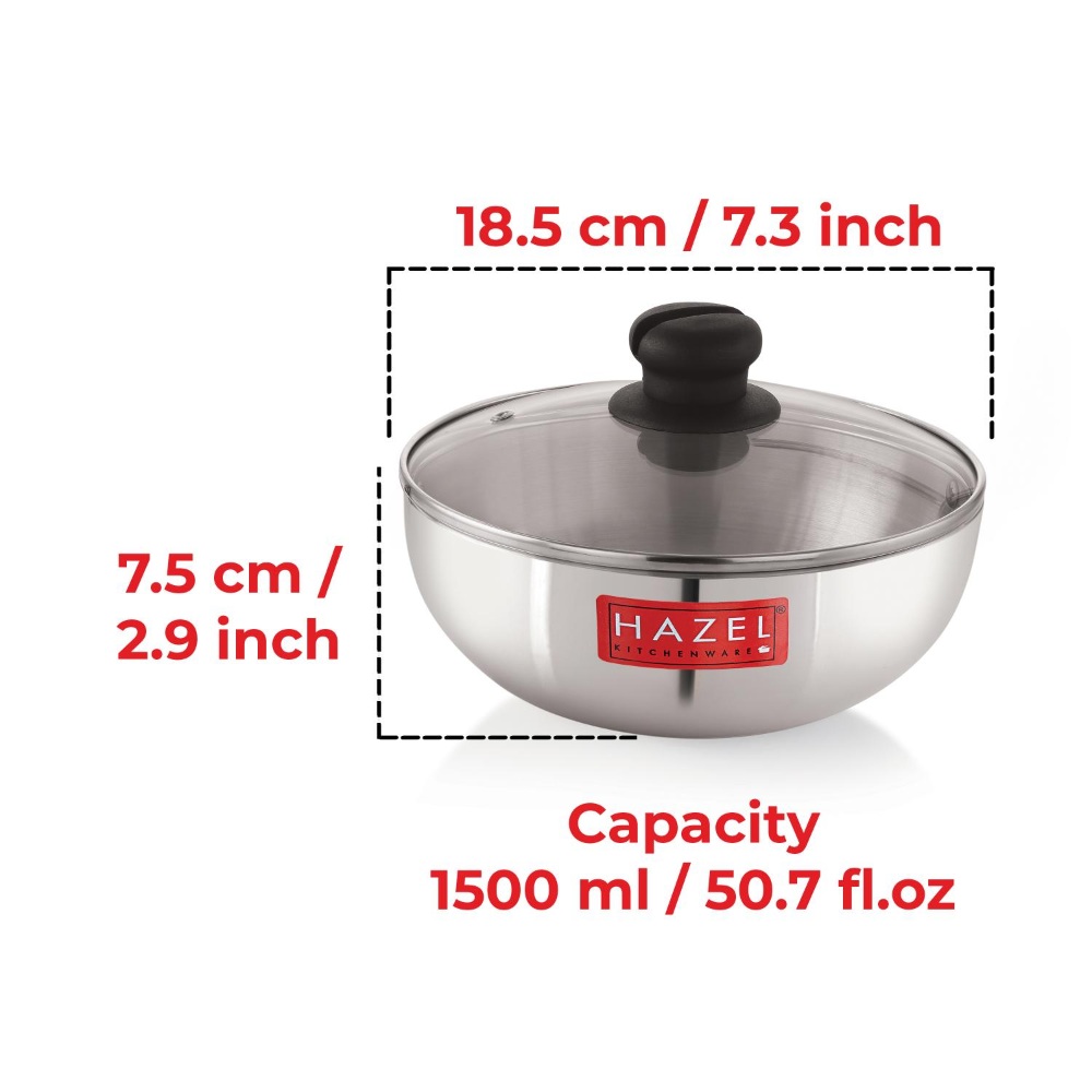 HAZEL Aluminium Kadai Without Handle | Aluminium Tasra Tasla Cookware with Glass Cover Lid, 1500 ML