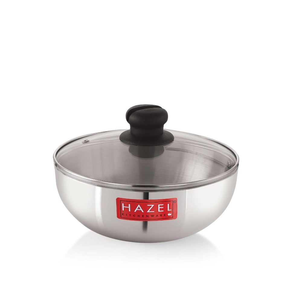 HAZEL Aluminium Kadai Without Handle | Aluminium Tasra Tasla Cookware with Glass Cover Lid, 1500 ML