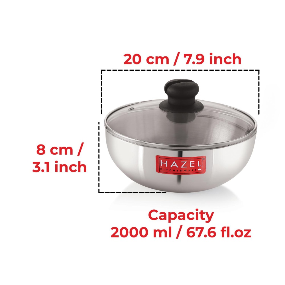 HAZEL Aluminium Kadai Without Handle | Aluminium Tasra Tasla Cookware with Glass Cover Lid, 2000 ML