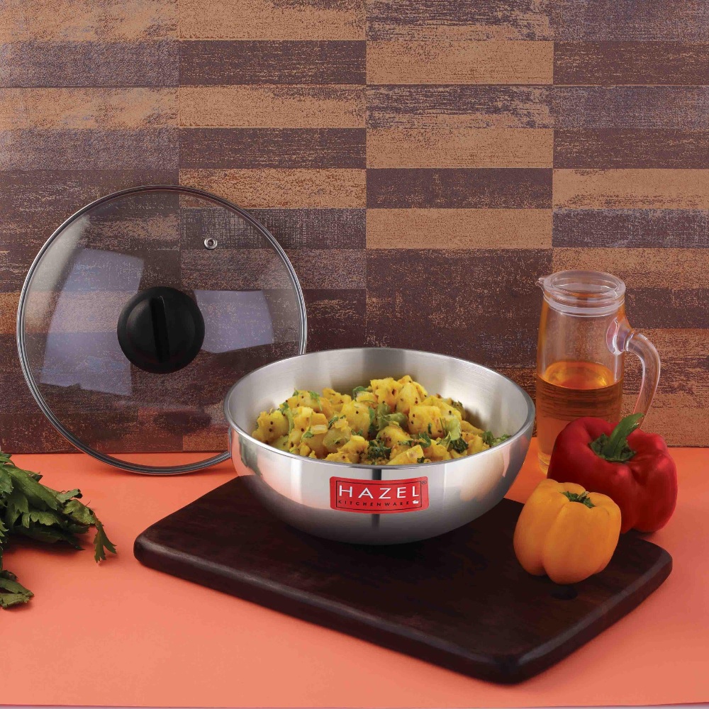 HAZEL Aluminium Kadai Without Handle | Aluminium Tasra Tasla Cookware with Glass Cover Lid, 2000 ML