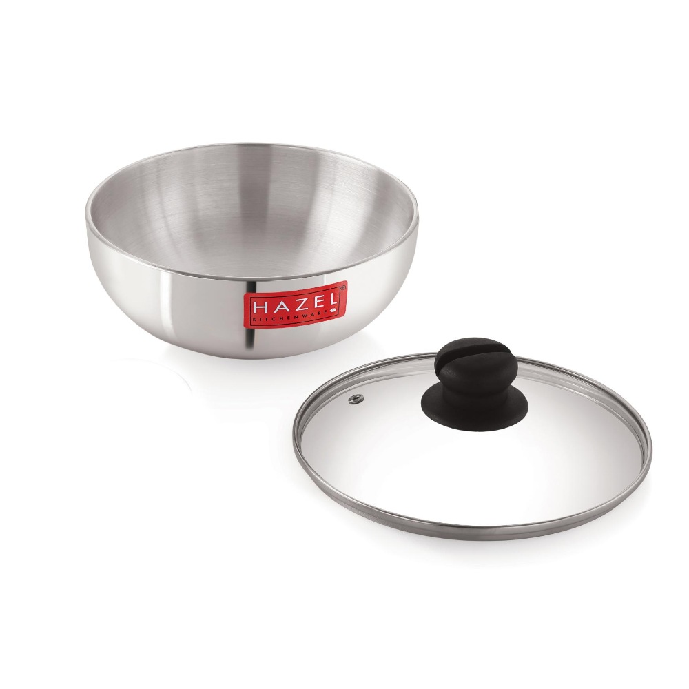 HAZEL Aluminium Kadai Without Handle | Aluminium Tasra Tasla Cookware with Glass Cover Lid, 3000 ML