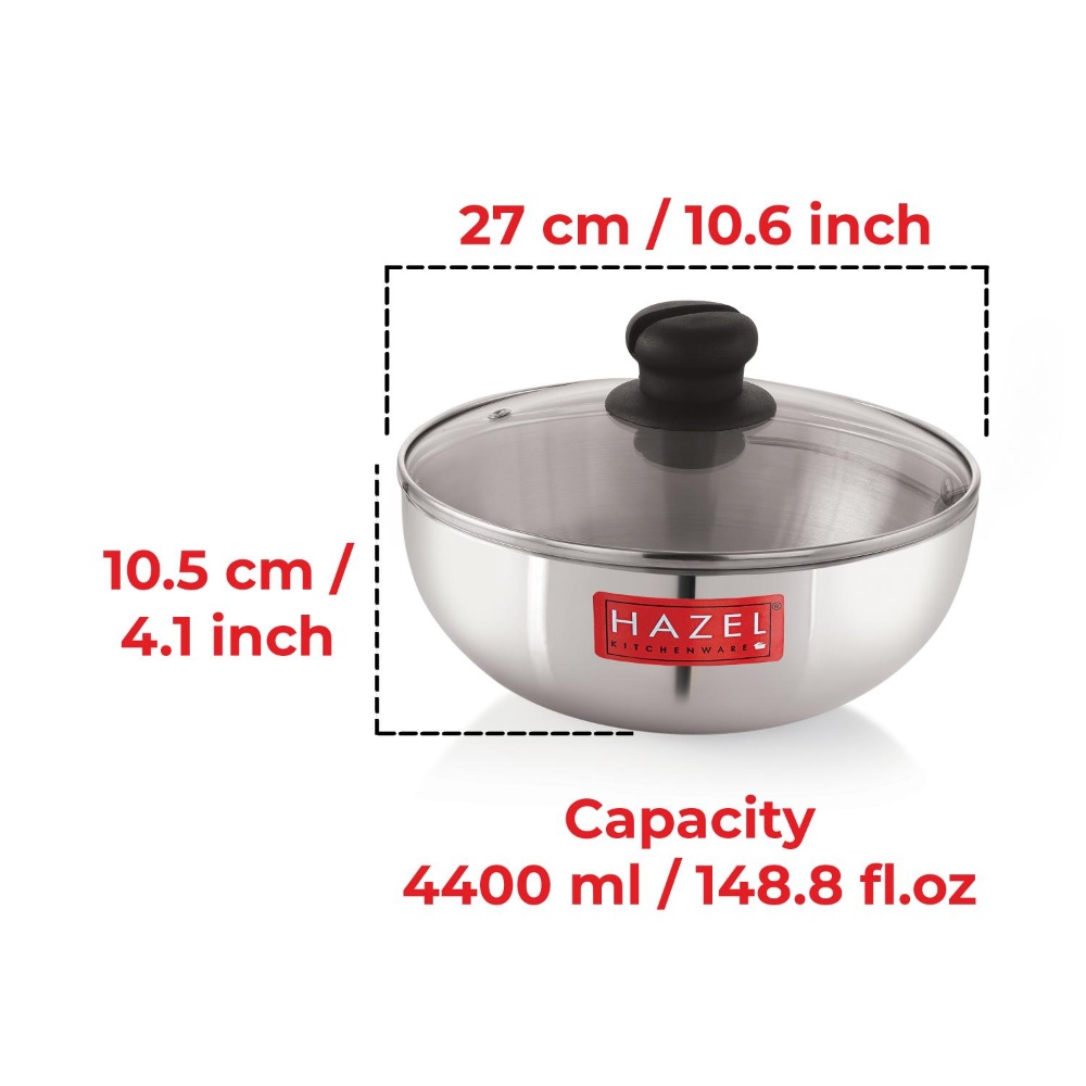 HAZEL Aluminium Kadai Without Handle | Aluminium Tasra Tasla Cookware with Glass Cover Lid, 4400 ML