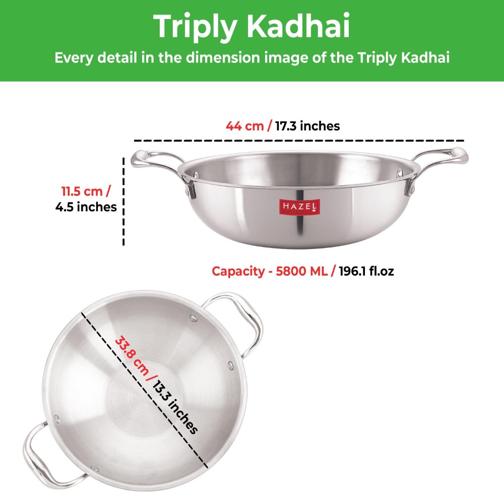 HAZEL Triply Stainless Steel Induction Bottom Kadhai Karahi Kadai, 5.8 Litre, 33.8 cm