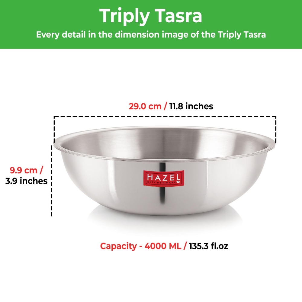 HAZEL Triply Stainless Steel Induction Bottom Tasra Tasla With Steel Lid, 4 Litre, 29.9 cm