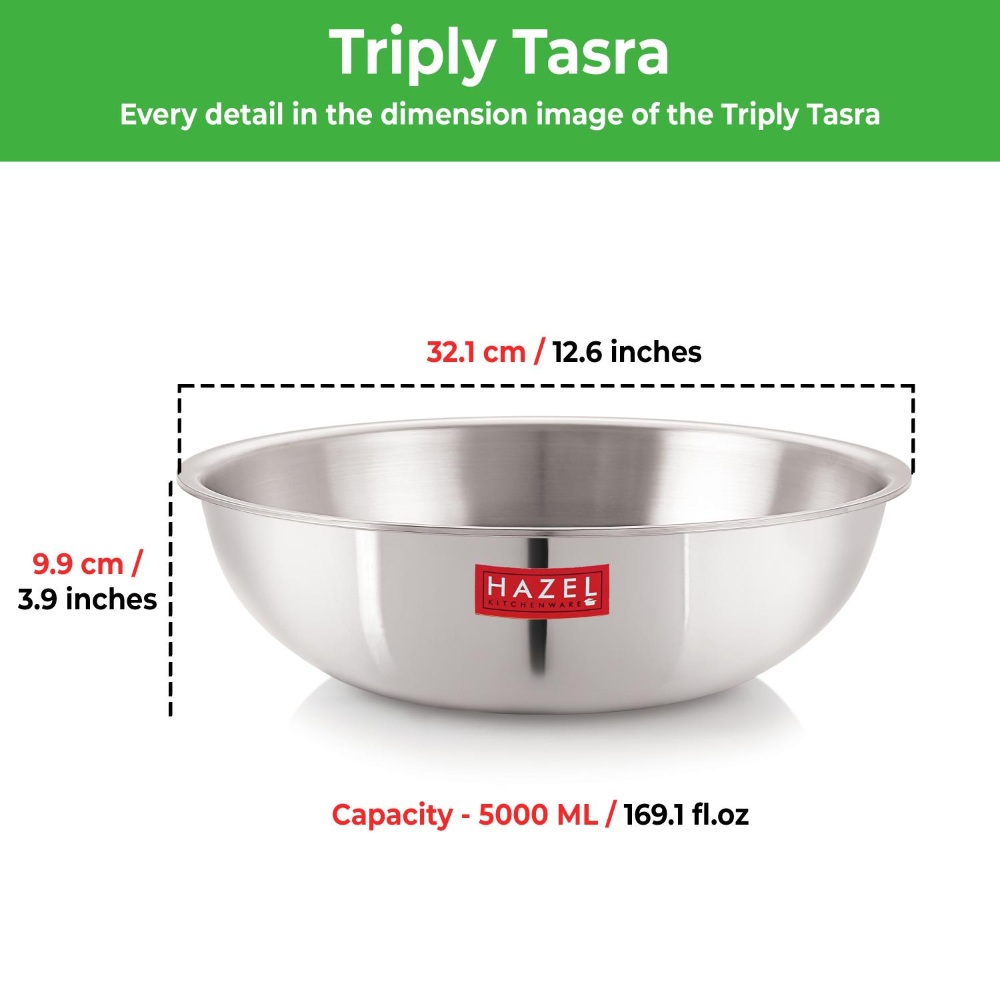 HAZEL Triply Stainless Steel Induction Bottom Tasra Tasla With Steel Lid, 5 Litre, 32.1 cm