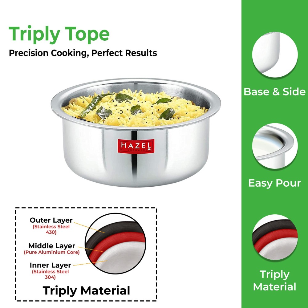 HAZEL Triply Stainless Steel Induction Bottom Boiling Cooking Tope Pot With Steel Lid, 5.8 Litre, 27.6 cm