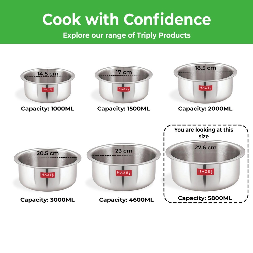 HAZEL Triply Stainless Steel Induction Bottom Boiling Cooking Tope Pot With Steel Lid, 5.8 Litre, 27.6 cm