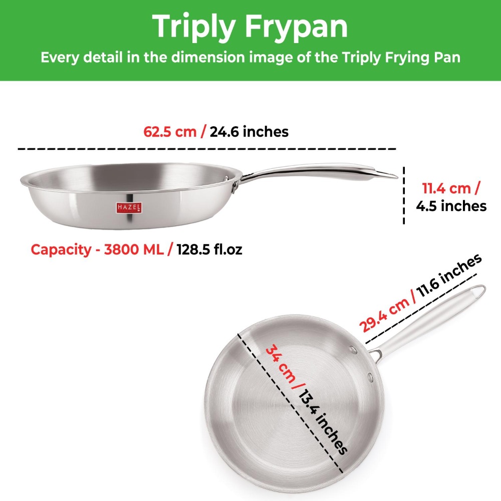 HAZEL Triply Stainless Steel Induction Bottom Fry Pan With Steel Lid, 3.8 Litre, 34 cm