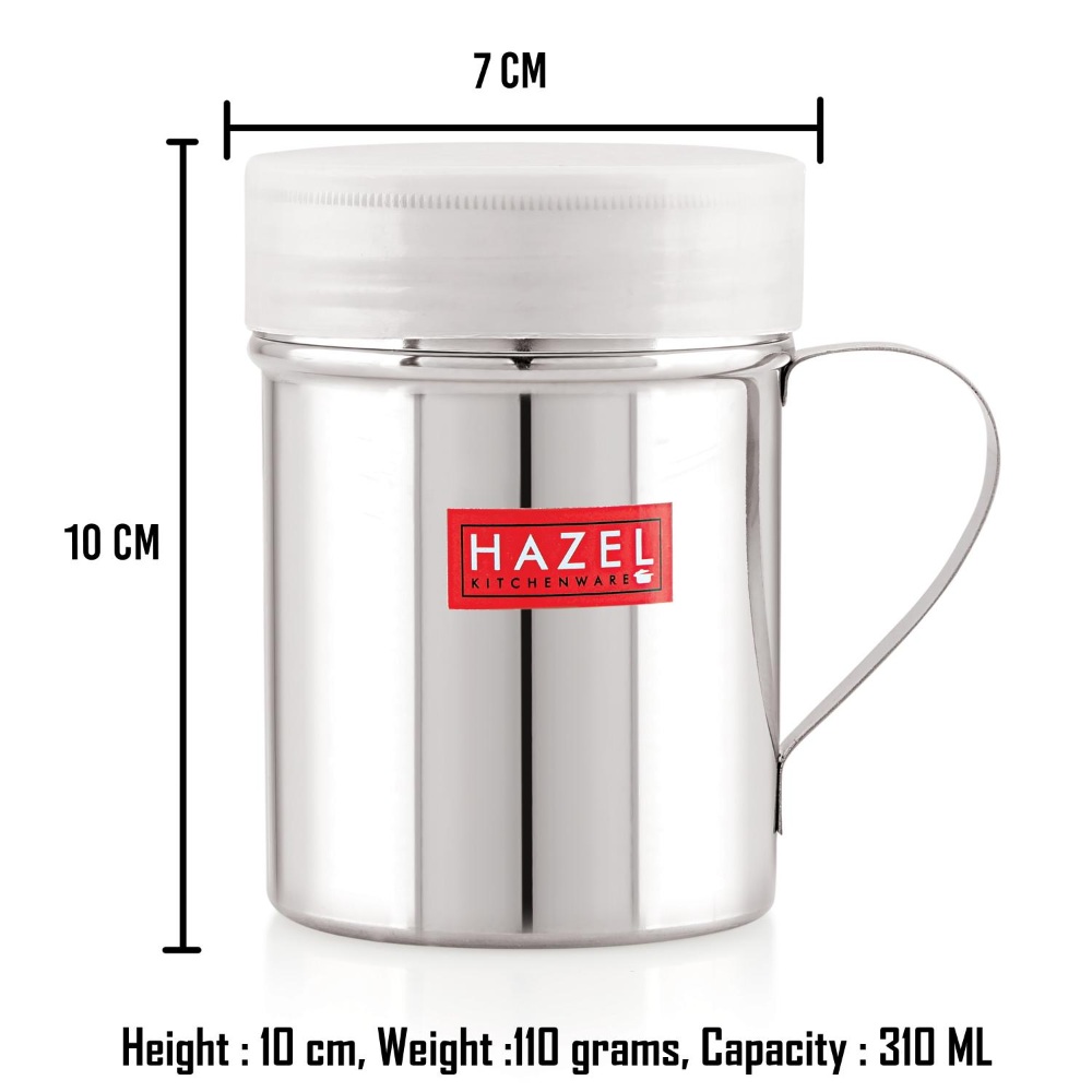 HAZEL Stainless Steel Powder Shaker with Handle And Plastic Lid Cap|Dredger with Handle |Salt And Pepper Cellar Cocoa Chocolate Powder Shaker , 310 ml, Set of 2, Silver