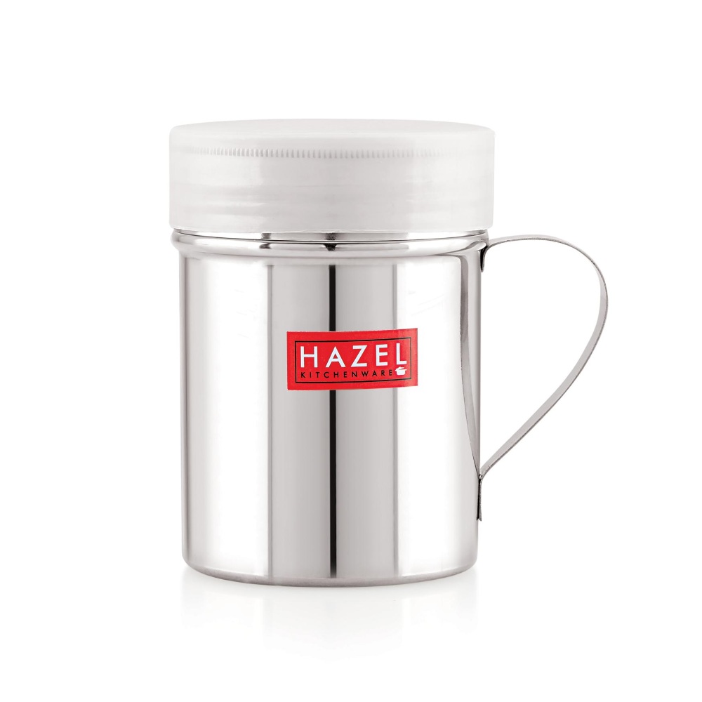 HAZEL Stainless Steel Powder Shaker with Handle And Plastic Lid Cap|Dredger with Handle |Salt And Pepper Cellar Cocoa Chocolate Powder Shaker , 310 ml, Set of 2, Silver