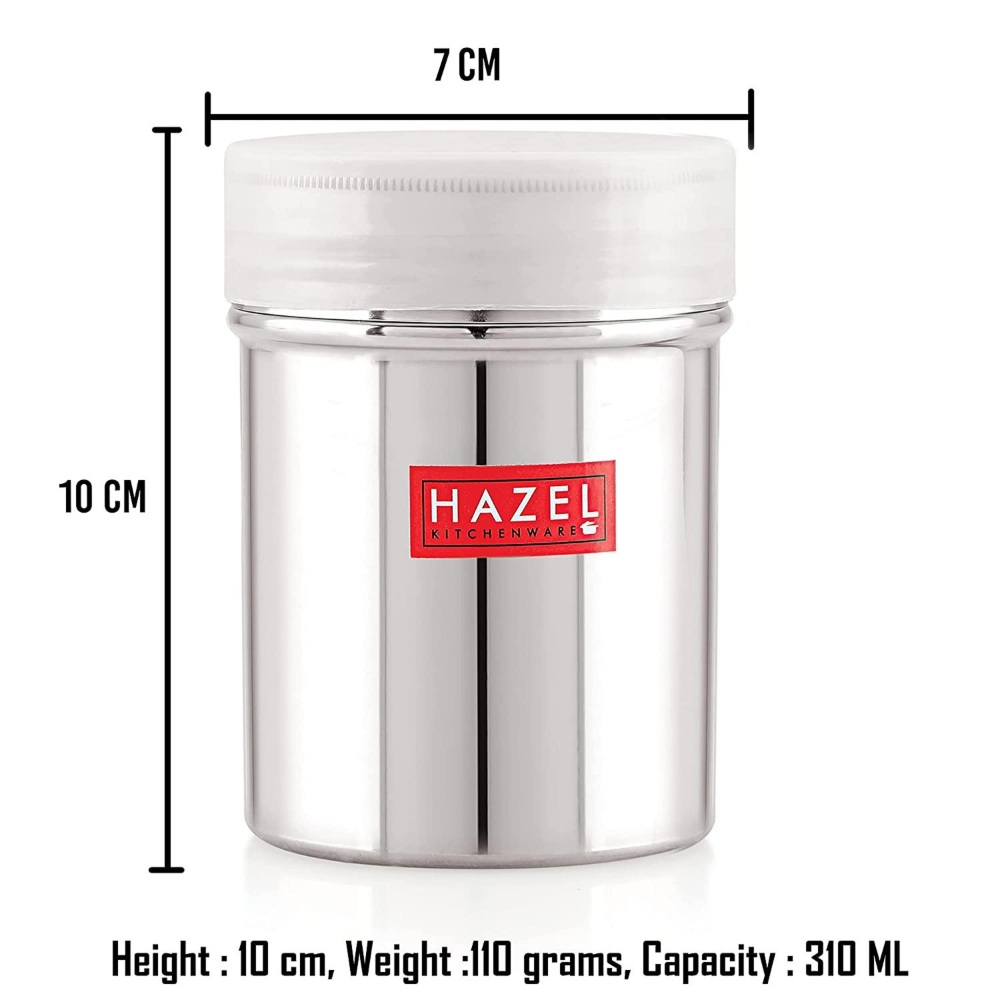 HAZEL Stainless Steel Powder Shaker And Plastic Lid Cap|Dredger without Handle |Salt And Pepper Cellar Cocoa Chocolate Powder Shaker, 310 ML, Set of 2, Silver