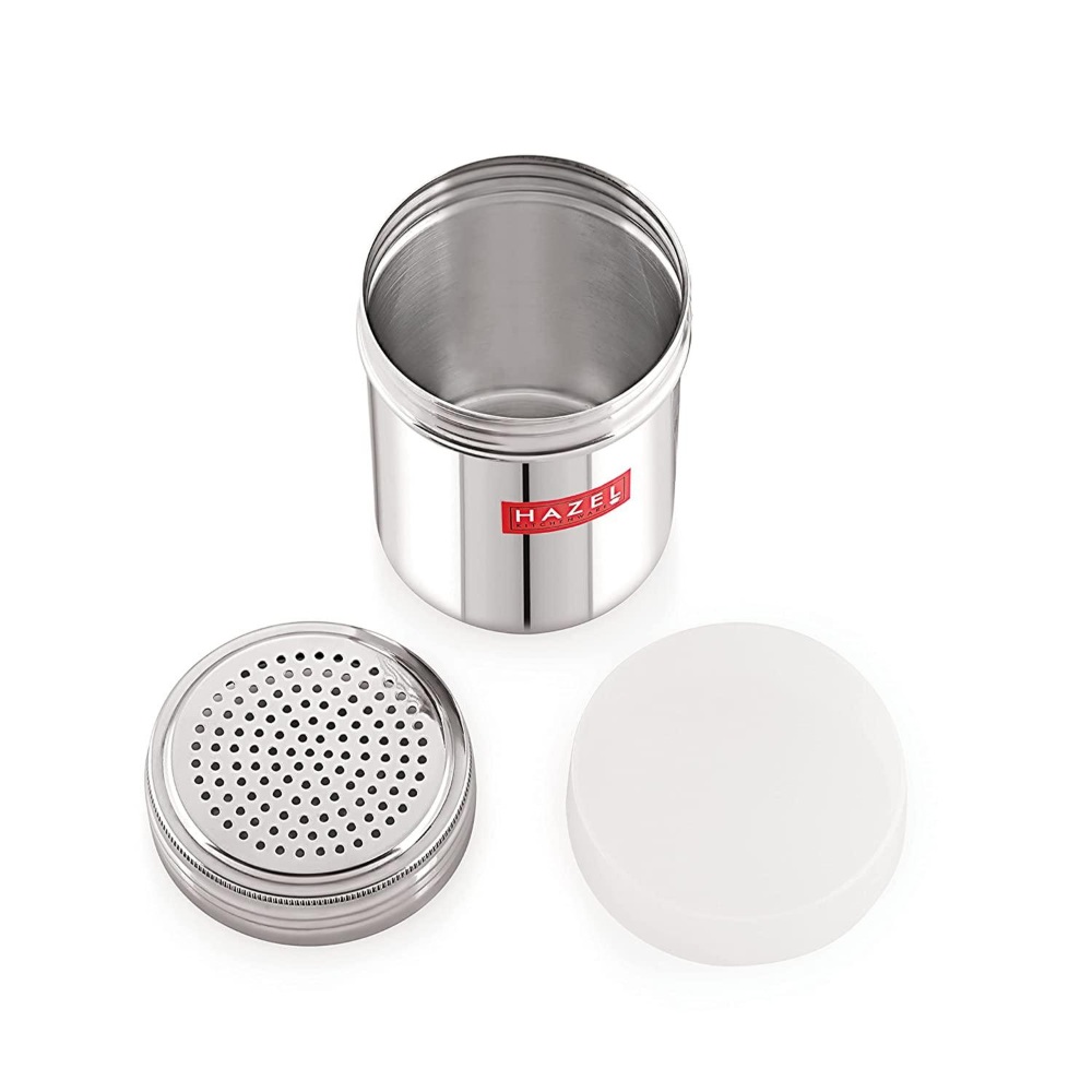 HAZEL Stainless Steel Powder Shaker And Plastic Lid Cap|Dredger without Handle |Salt And Pepper Cellar Cocoa Chocolate Powder Shaker, 310 ML, Set of 2, Silver