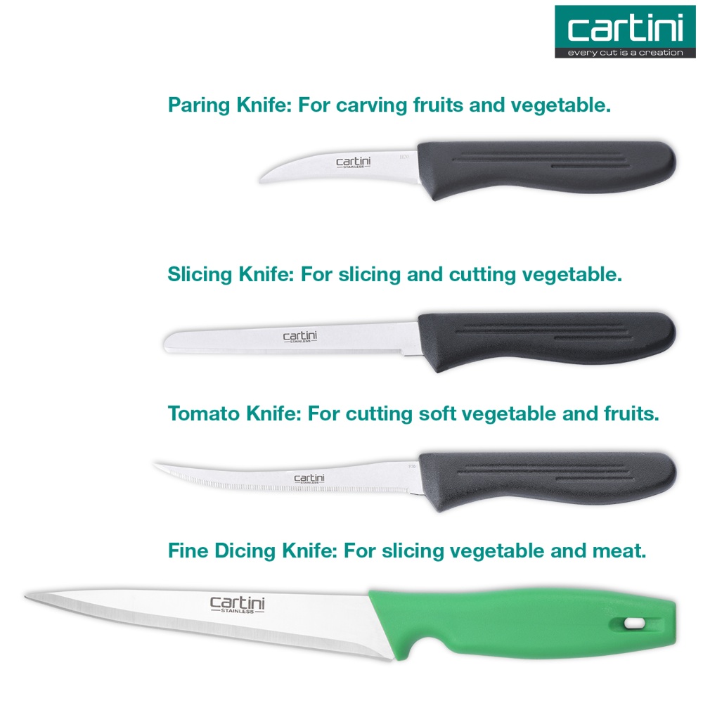 Cartini Kitchen Knives Set for Slicing, Cutting, Carving (Paring, Slicing, Tomato, Dicing Knife Set of 4)