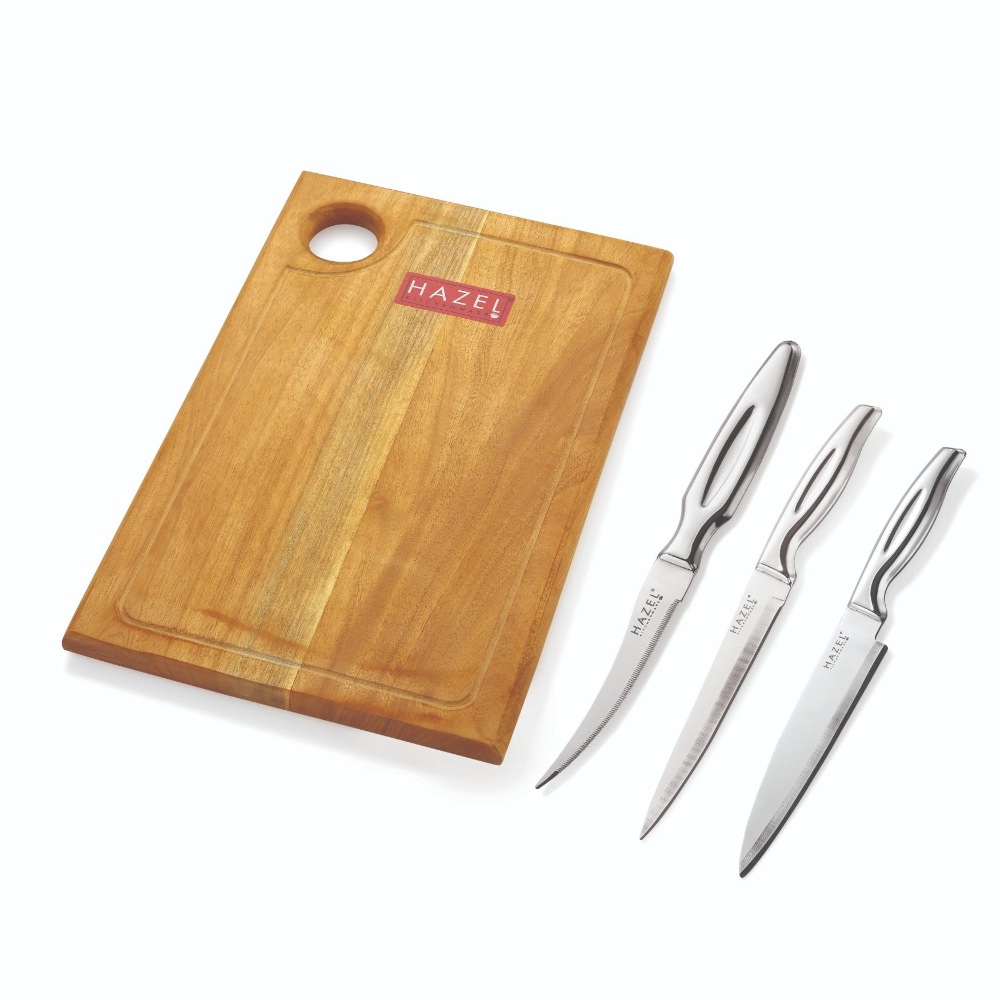 HAZEL Stainless Steel Sharp Kitchen knife Set of 4|Chef, Paring, Tomato Knife & Rect Chopping Board