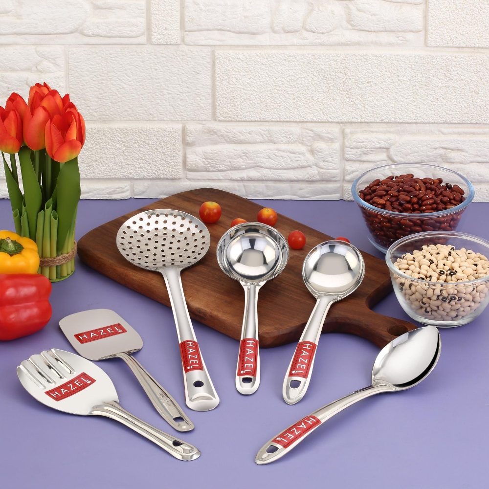 HAZEL Stainless Steel Kitchen Tools Spoon Set of 6 (Zara, Rice Spoon, Pastry Spoon, Ladle, Oval Spoon, Pan Spoon)