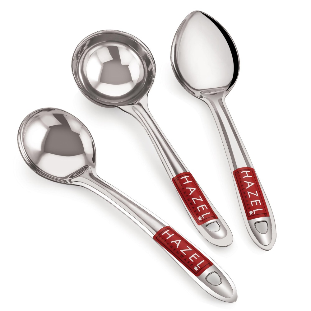 HAZEL Stainless Steel Kitchen Tools Spoon Set of 3 (Ladle, Oval Shape Spoon, Pan Shape Spoon)