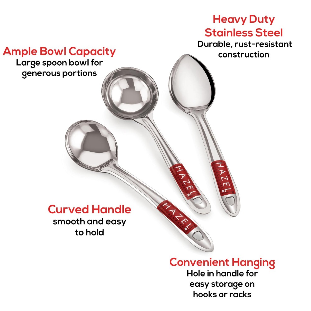 HAZEL Stainless Steel Kitchen Tools Spoon Set of 3 (Ladle, Oval Shape Spoon, Pan Shape Spoon)