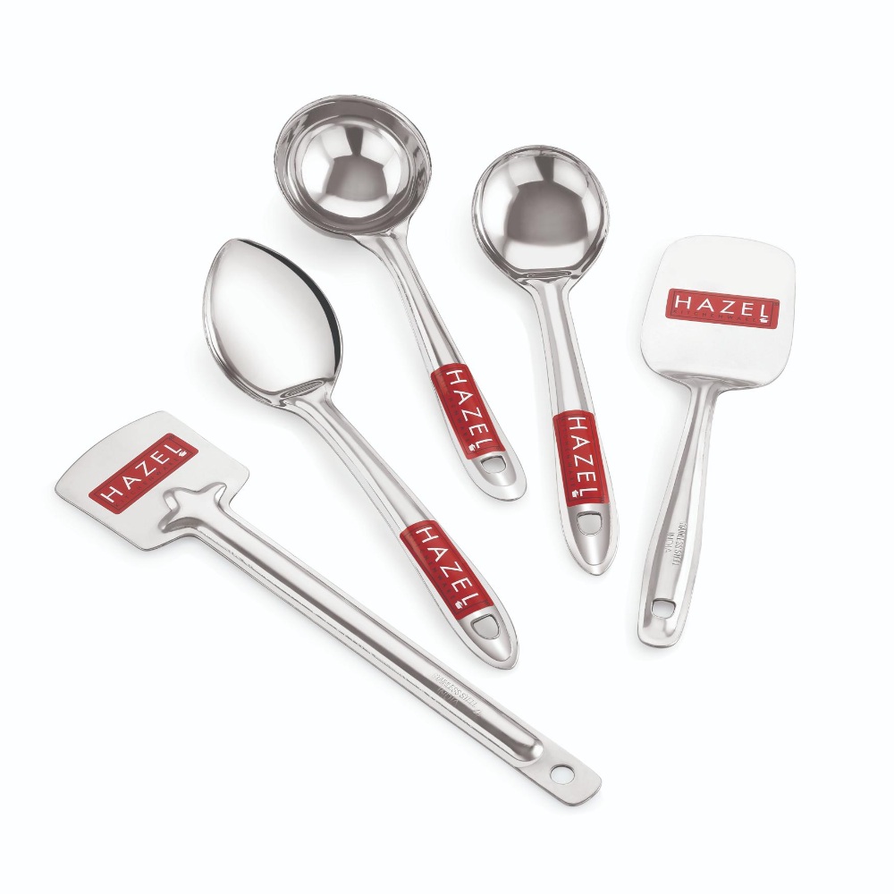 HAZEL Stainless Steel Kitchen Tools Spoon Set of 5 (Pastry Spoon, Tavetha, Ladle, Oval Spoon, Pan Spoon)