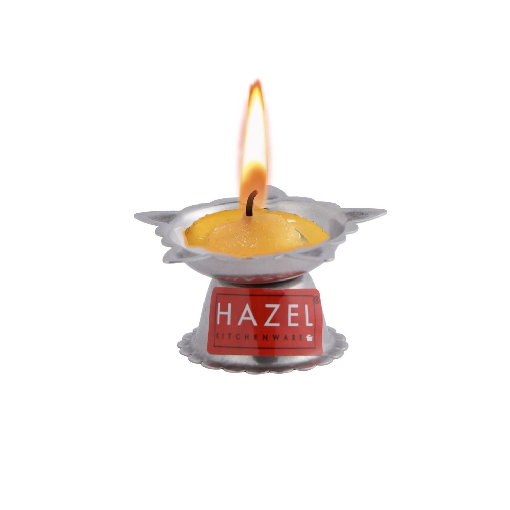 HAZEL Panchwati Diya for Puja | 5 Wati Wicks Oil Lamp Deep For Home Mandir Office Temple Pandol Pujan | Stainless Steel Diva Table Deepak For Pooja (6 x 3 cm), Set of 2