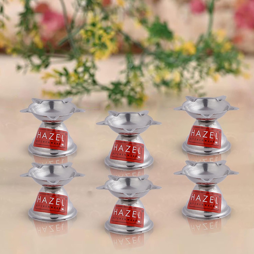 HAZEL Panchwati Diya for Puja | Stainless Steel Diva Table Deepak For Pooja | 5 Wati Wicks Oil Lamp Deep For Home Mandir Office Temple Pandol Pujan (5 x 3.5 cm), Set of 6