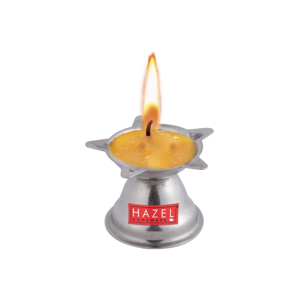 HAZEL Panchwati Diya for Puja | Stainless Steel Diva Table Deepak For Pooja | 5 Wati Wicks Oil Lamp Deep For Home Mandir Office Temple Pandol Pujan (5 x 3.5 cm), Set of 6