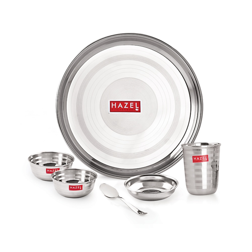 HAZEL Stainless Steel Dinner Set Of 6 | Dinner Set Steel (1 Steel Plate, 2 Bowl, 1 Spoon, 1 Dessert Plate, 1 Steel Glass) 6 Pieces, Silver