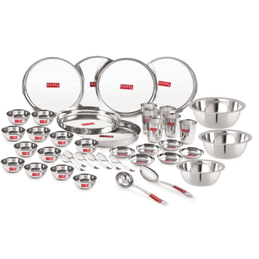 HAZEL Stainless Steel Dinner Set of 41 Pieces (3 pcs Mixing Bowl, 2 pcs Serving Spoon, 6 Plate, 6 Glass, 12 Bowl, 6 Spoon Set, 6 Dessert Plate)