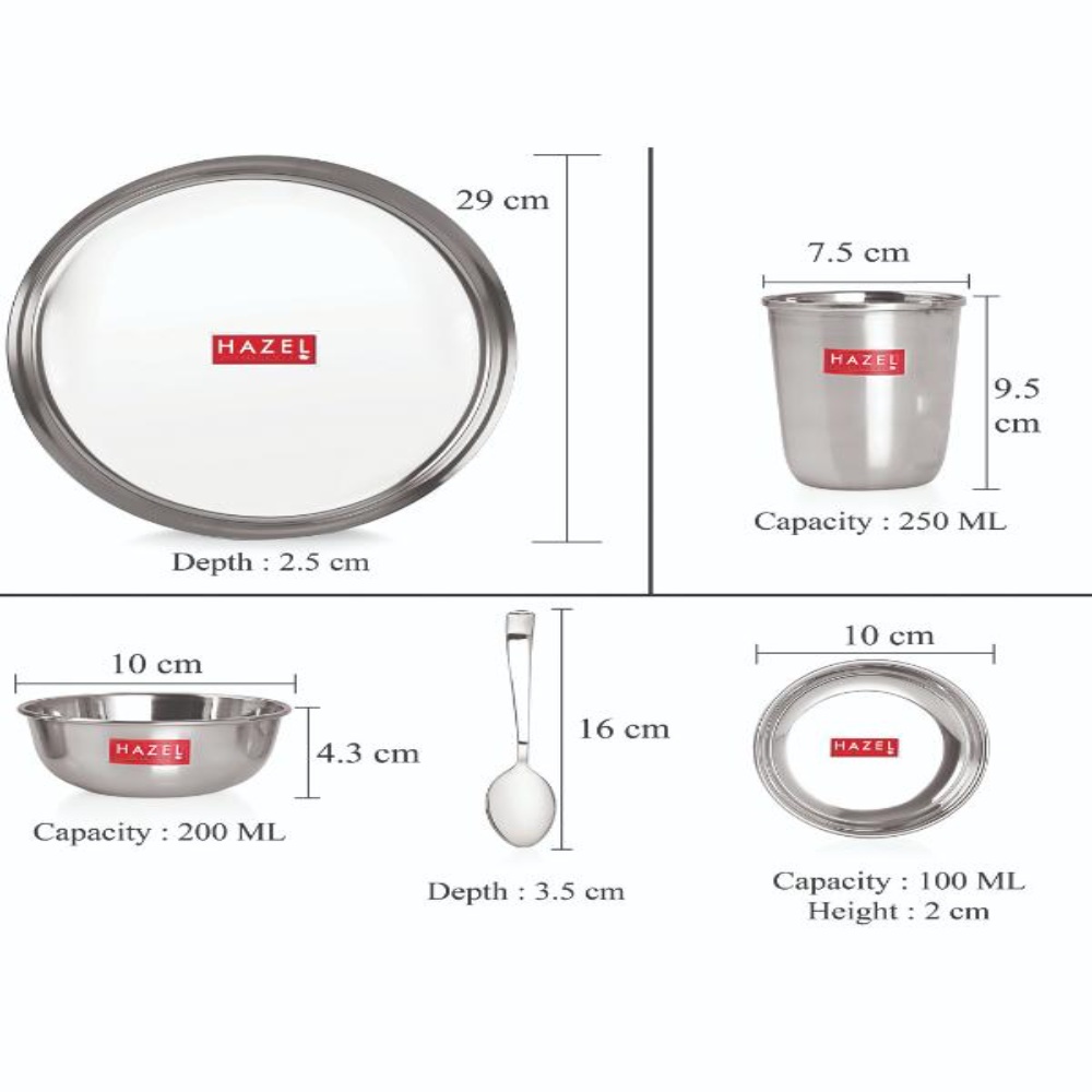 HAZEL Stainless Steel Dinner Set of 41 Pieces (3 pcs Mixing Bowl, 2 pcs Serving Spoon, 6 Plate, 6 Glass, 12 Bowl, 6 Spoon Set, 6 Dessert Plate)