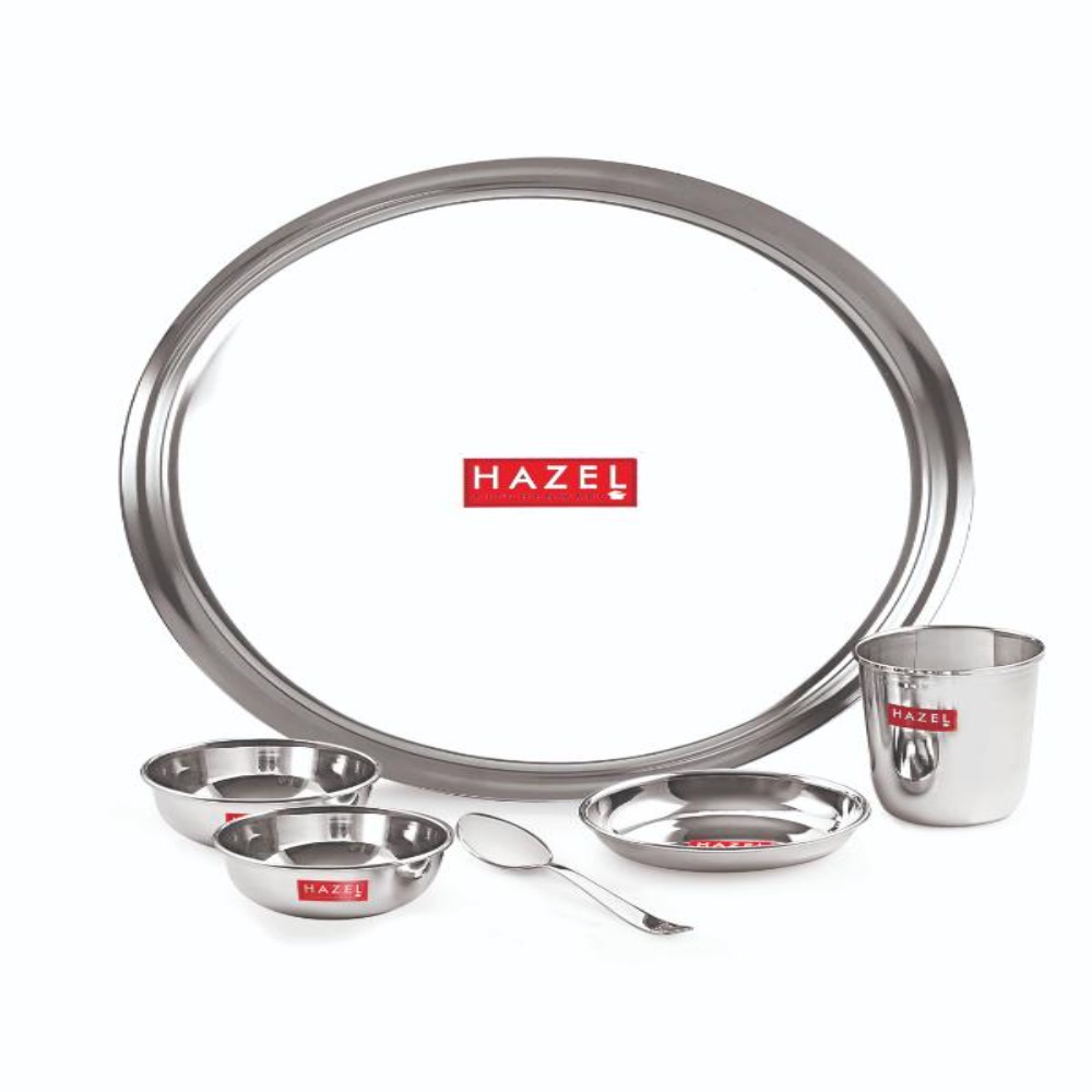 HAZEL Stainless Steel Dinner Set of 41 Pieces (3 pcs Mixing Bowl, 2 pcs Serving Spoon, 6 Plate, 6 Glass, 12 Bowl, 6 Spoon Set, 6 Dessert Plate)