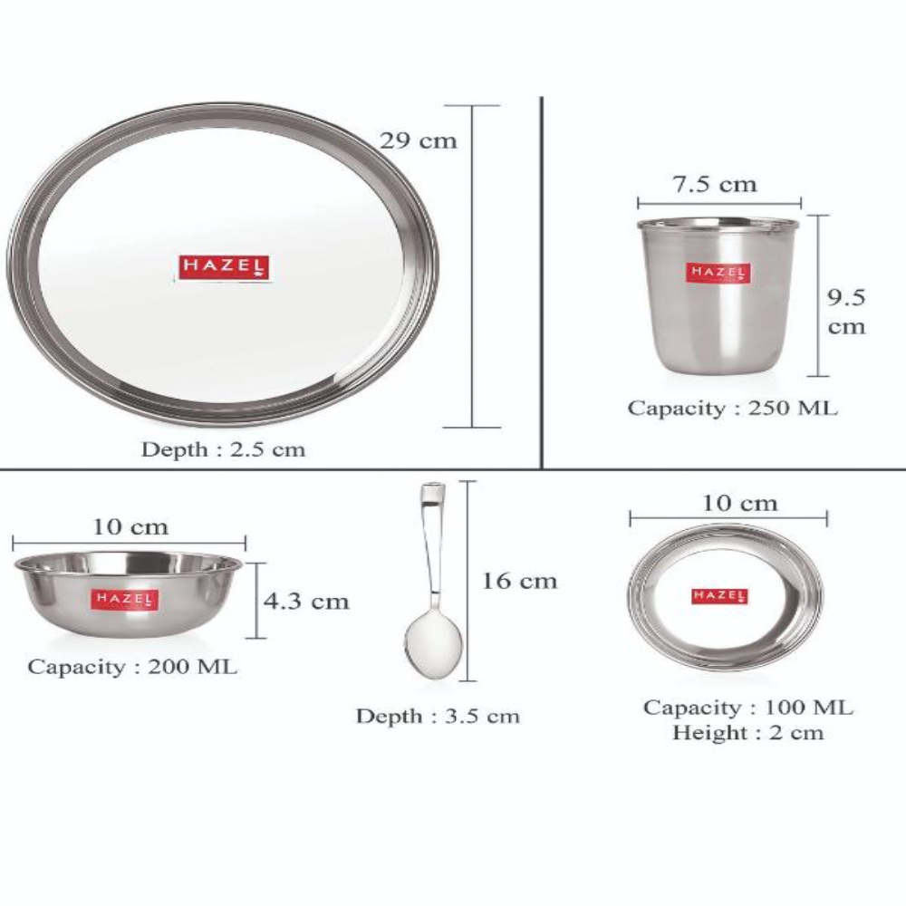 HAZEL Stainless Steel 41 Pieces Dinner Set (3 pcs Mixing Bowl, 2 pcs Serving Spoon, 6 Plate, 6 Glass, 12 Bowl, 6 Spoon Set, 6 Dessert Plate)