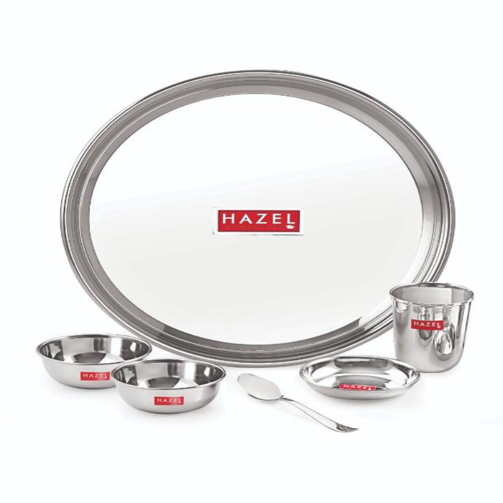 HAZEL Stainless Steel 41 Pieces Dinner Set (3 pcs Mixing Bowl, 2 pcs Serving Spoon, 6 Plate, 6 Glass, 12 Bowl, 6 Spoon Set, 6 Dessert Plate)