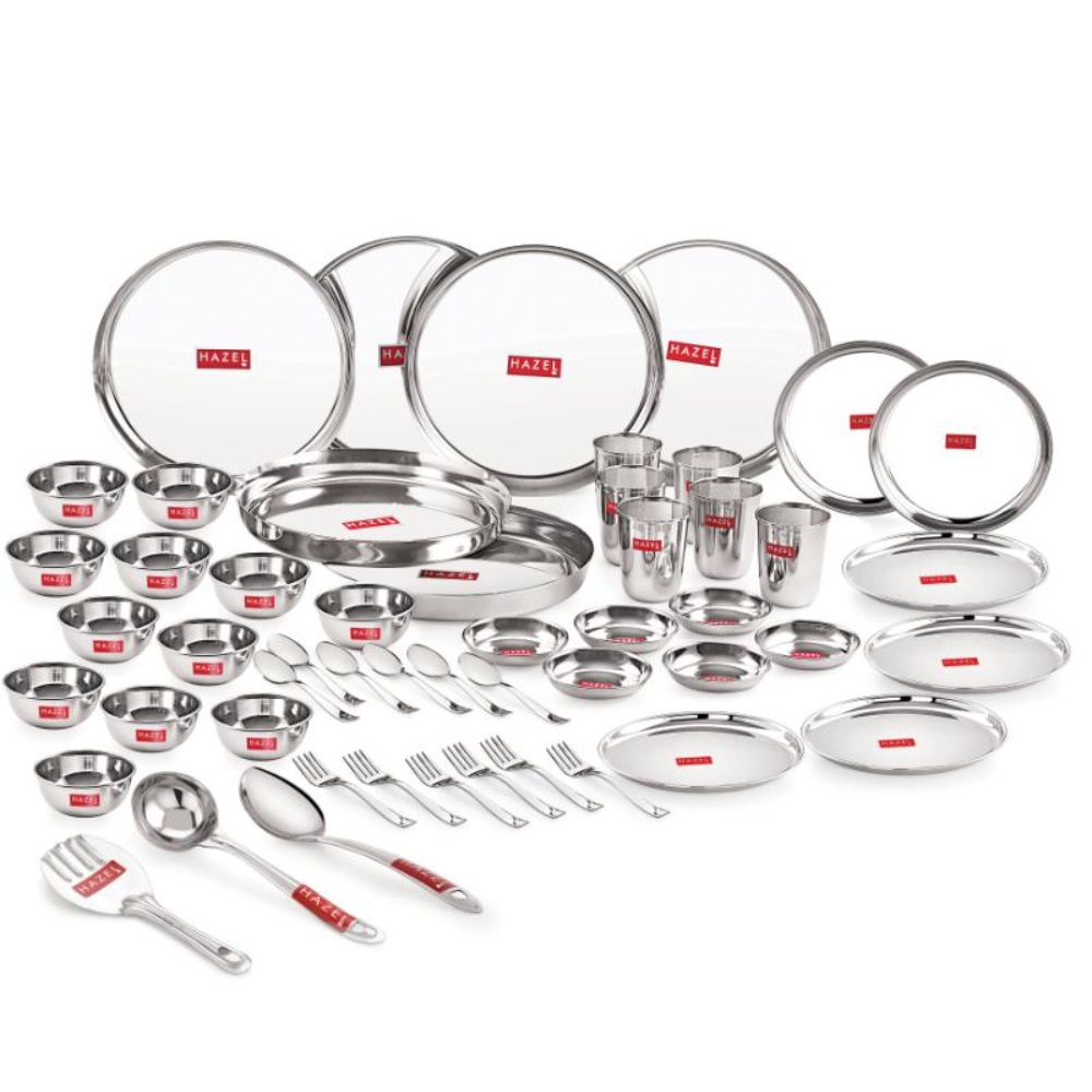 HAZEL Stainless Steel Dinner Set of 51 Pieces (6 Plate, 6 Glass, 12 Bowl, 6 Spoon Set, 6 Dessert Plate, 3 pcs Serving Spoon, 6 pcs Quarter Plate, 6 pcs Fork)