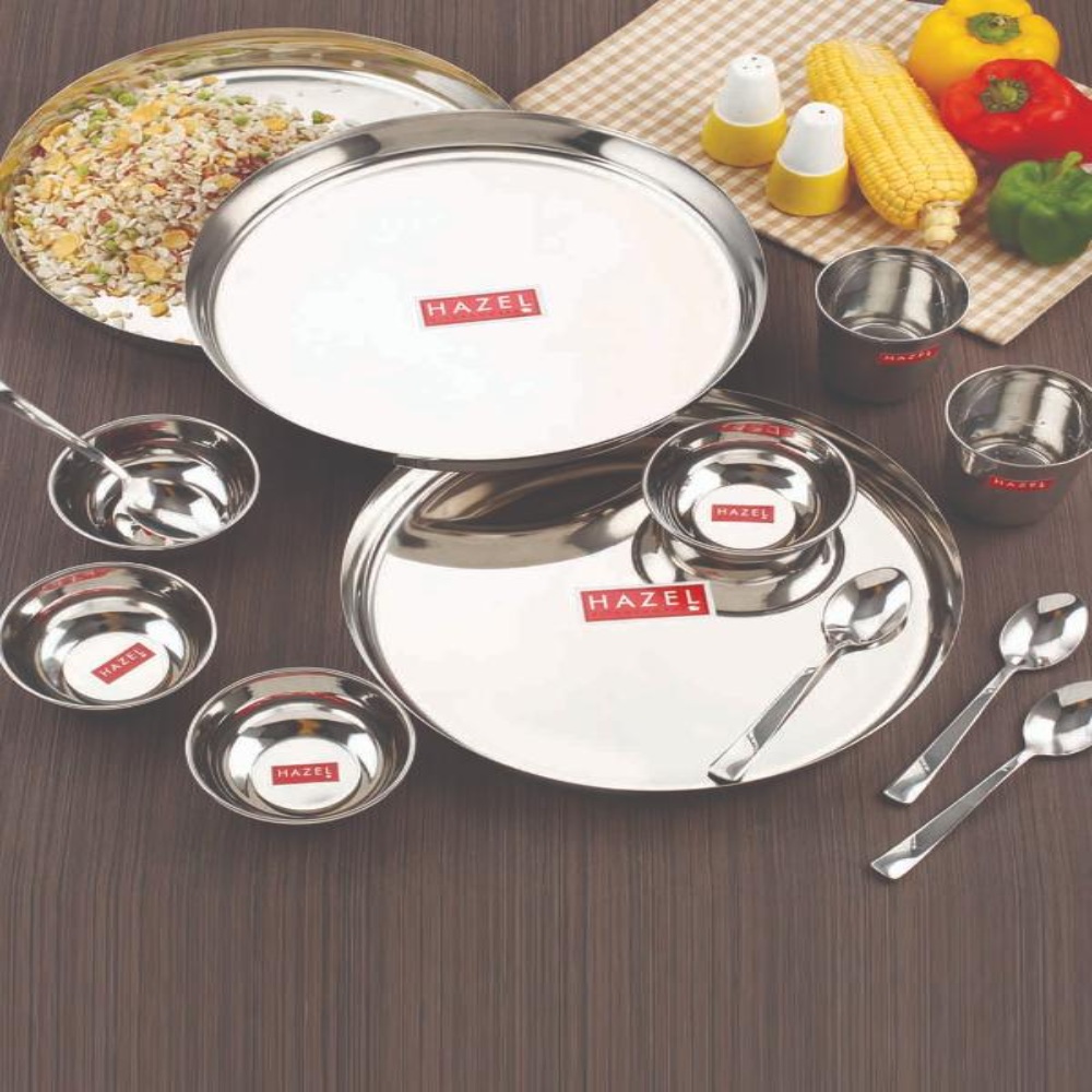 HAZEL Stainless Steel Dinner Set of 51 Pieces (6 Plate, 6 Glass, 12 Bowl, 6 Spoon Set, 6 Dessert Plate, 3 pcs Serving Spoon, 6 pcs Quarter Plate, 6 pcs Fork)