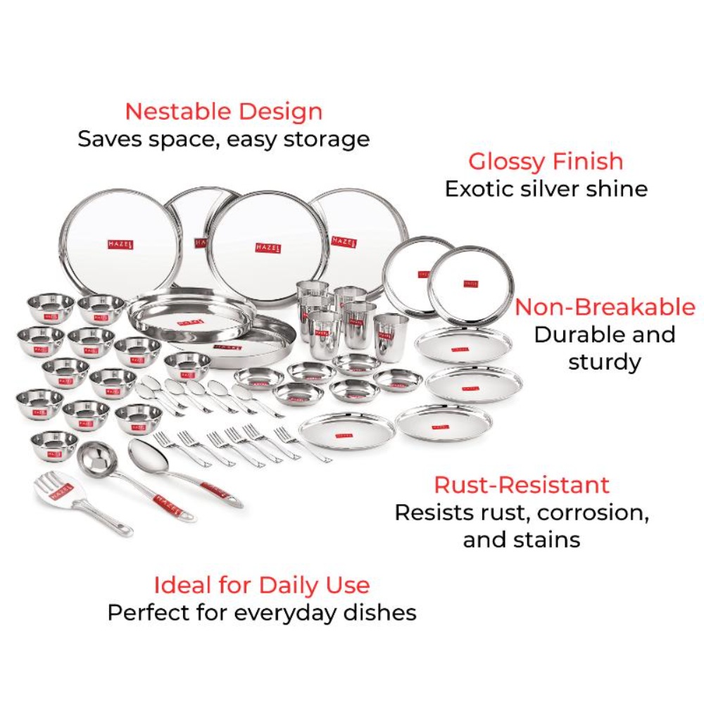 HAZEL Stainless Steel Dinner Set of 51 Pieces (6 Plate, 6 Glass, 12 Bowl, 6 Spoon Set, 6 Dessert Plate, 3 pcs Serving Spoon, 6 pcs Quarter Plate, 6 pcs Fork)