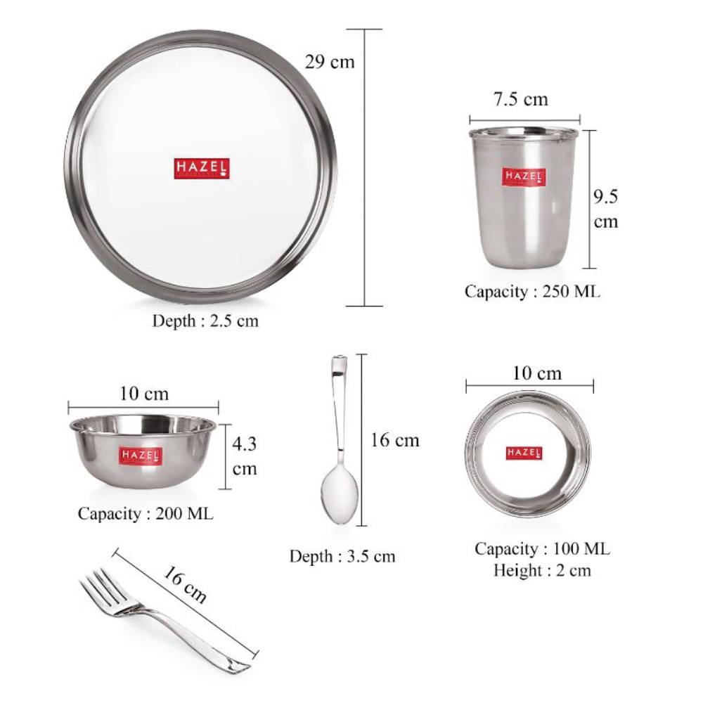 HAZEL Stainless Steel Dinner Set of 51 Pieces (6 Plate, 6 Glass, 12 Bowl, 6 Spoon Set, 6 Dessert Plate, 3 pcs Serving Spoon, 6 pcs Quarter Plate, 6 pcs Fork)