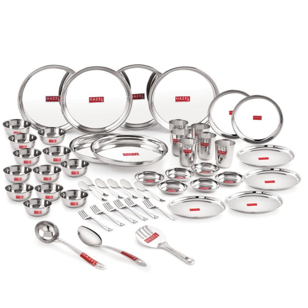 HAZEL Stainless Steel 51 Pieces Dinner Set (6 Plate, 6 Glass, 12 Bowl, 6 Spoon Set, 6 Dessert Plate, 3 pcs Serving Spoon, 6 pcs Quarter Plate, 6 pcs Fork)