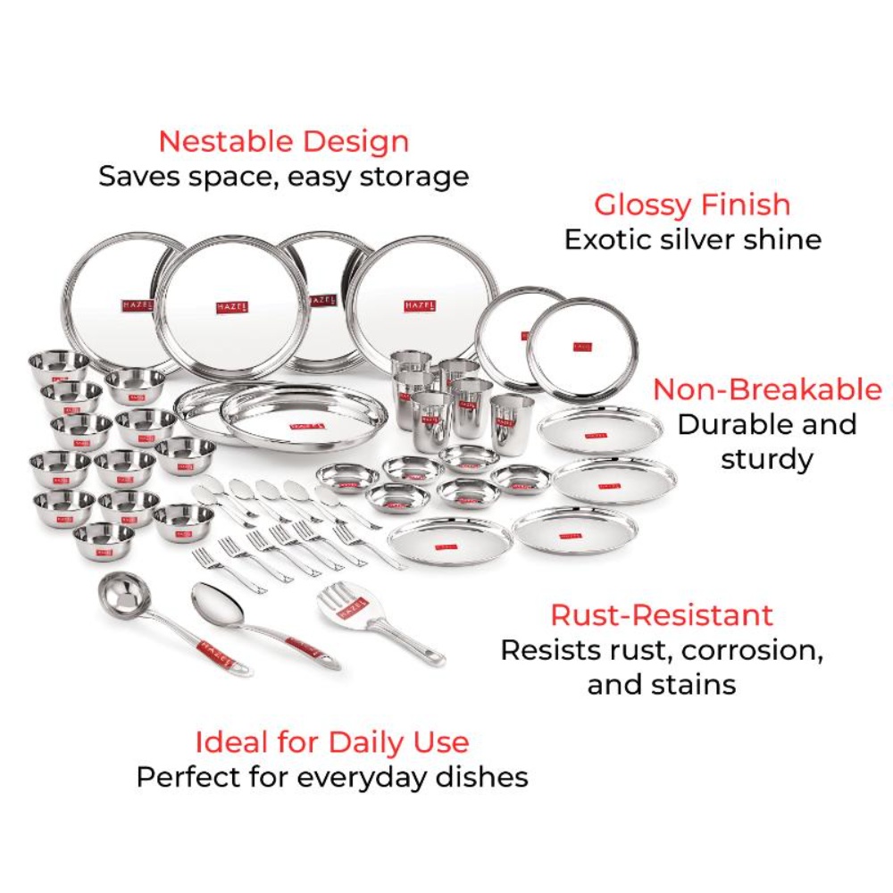 HAZEL Stainless Steel 51 Pieces Dinner Set (6 Plate, 6 Glass, 12 Bowl, 6 Spoon Set, 6 Dessert Plate, 3 pcs Serving Spoon, 6 pcs Quarter Plate, 6 pcs Fork)