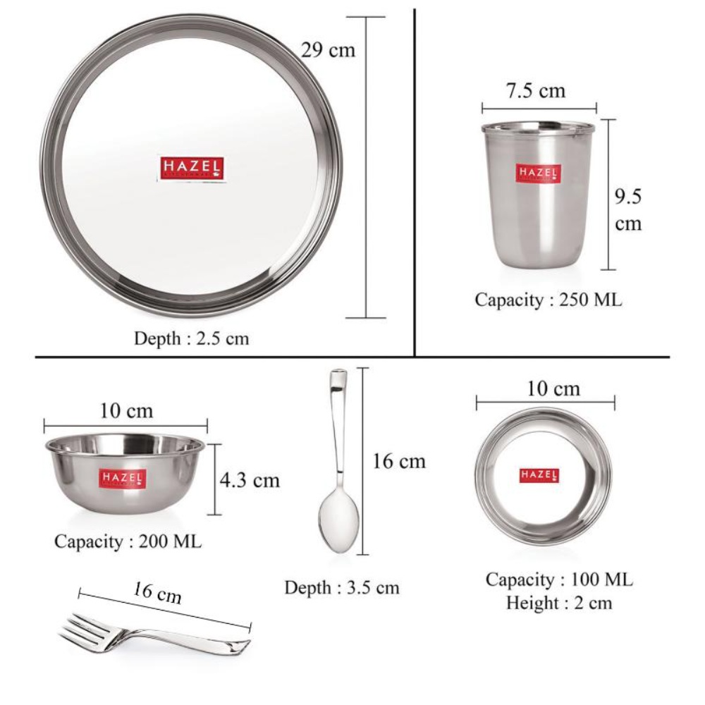 HAZEL Stainless Steel 51 Pieces Dinner Set (6 Plate, 6 Glass, 12 Bowl, 6 Spoon Set, 6 Dessert Plate, 3 pcs Serving Spoon, 6 pcs Quarter Plate, 6 pcs Fork)