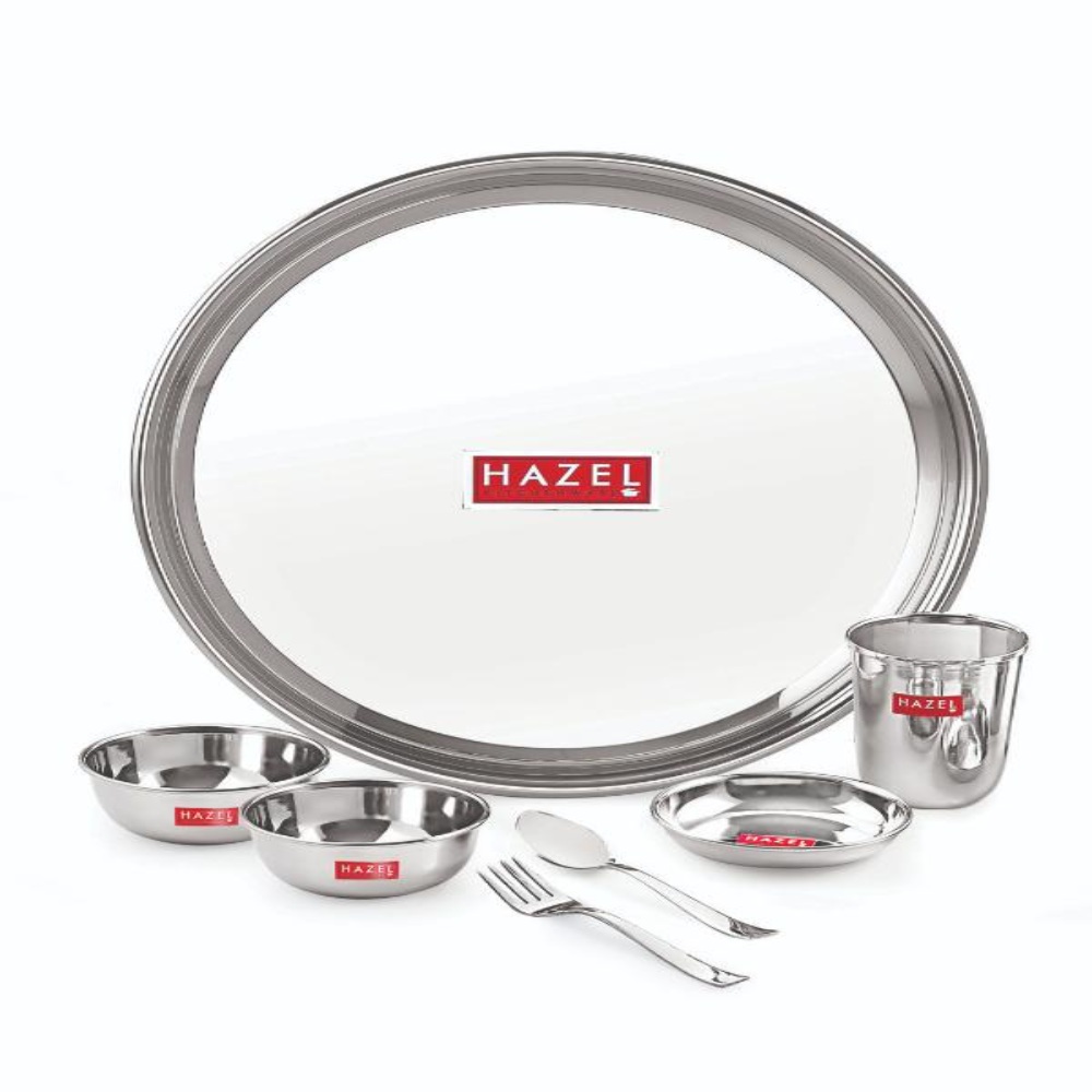 HAZEL Stainless Steel 51 Pieces Dinner Set (6 Plate, 6 Glass, 12 Bowl, 6 Spoon Set, 6 Dessert Plate, 3 pcs Serving Spoon, 6 pcs Quarter Plate, 6 pcs Fork)