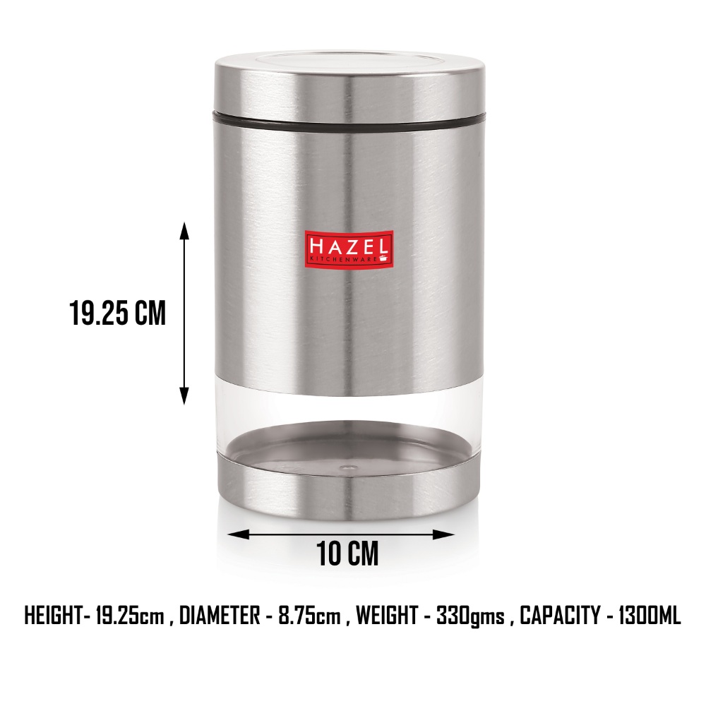 HAZEL Stainless Steel Container For Kitchen Storage Transparent See Through Matt Finish Storage Jar Dabba, Set of 1, 1300 ML, Silver