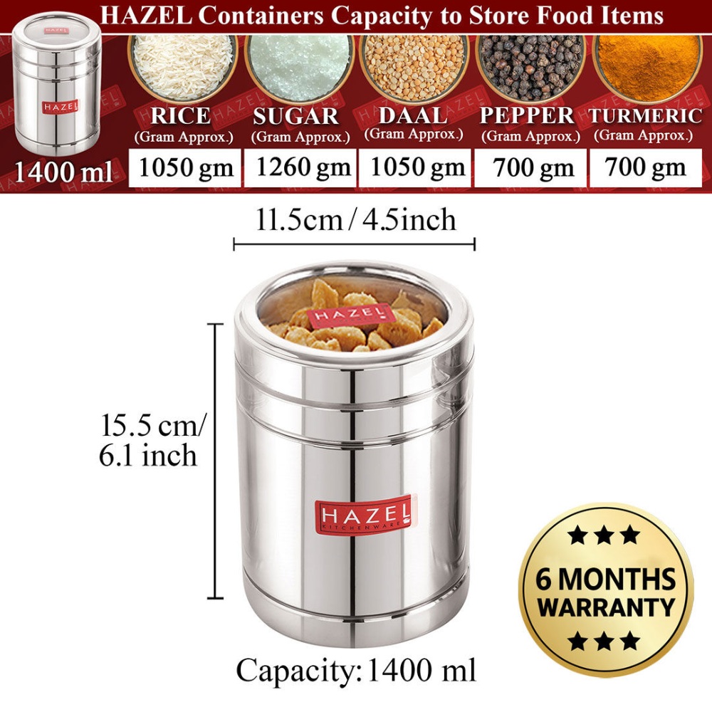 HAZEL Steel Sugar Container with Transparent Lid | Transparent Lid Sugar Storage Box For Kitchen |Food Grade Steel Kitchen Container , 1400 ML