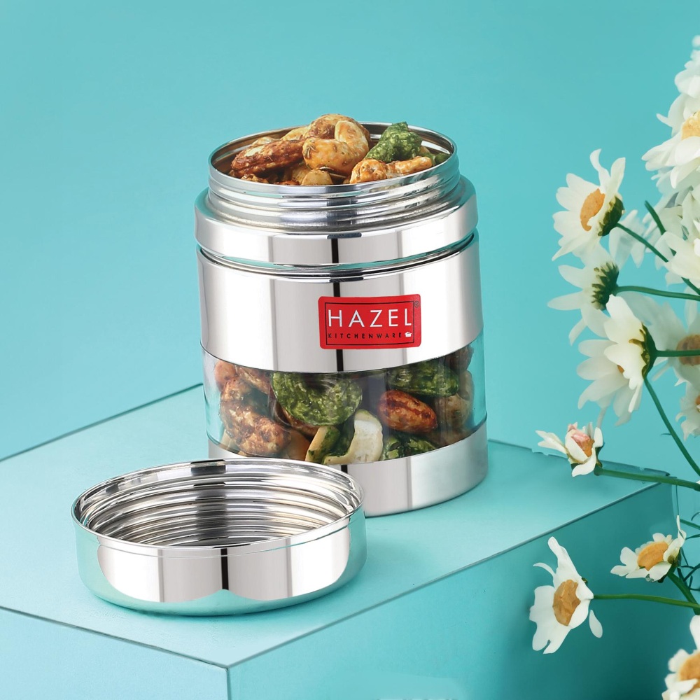 HAZEL Stainless Steel See Through Transparent Container | Kitchen Air Tight Storage Dabba Container, 400 ML