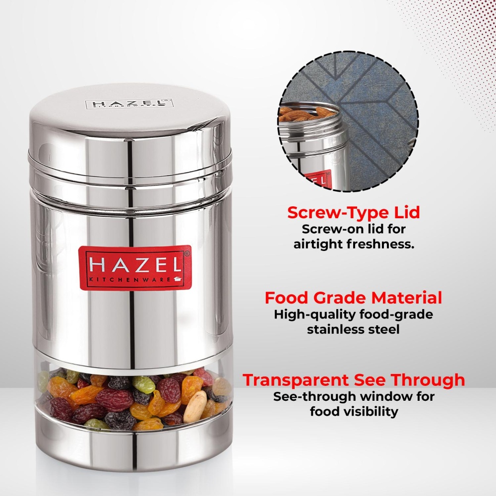 HAZEL Stainless Steel See Through Transparent Container | Kitchen Air Tight Storage Dabba Container, 600 ML