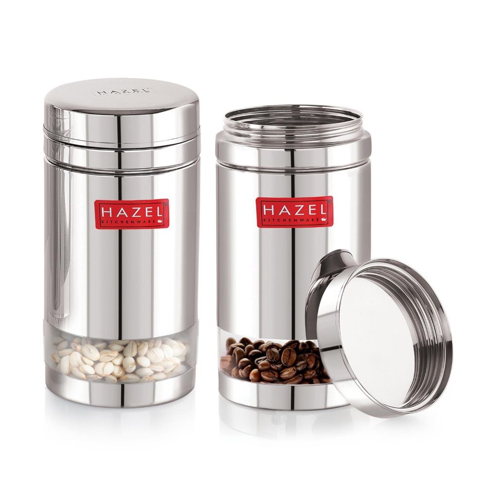 HAZEL Stainless Steel See Through Transparent Container | Kitchen Air Tight Storage Dabba Containers Set of 2, 1200 ML