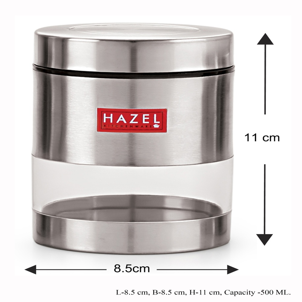 HAZEL Stainless Steel Transparent See Through Container, Silver, 1 PC, 500 Ml