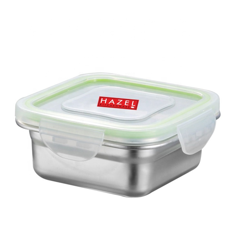 HAZEL Stainless Steel Tiffin Containers With Leakproof Lid | Microwave Tiffin Box for Office Men Women College School Kids | Leakproof Steel Tiffin With Transparent Lid, 400 ML