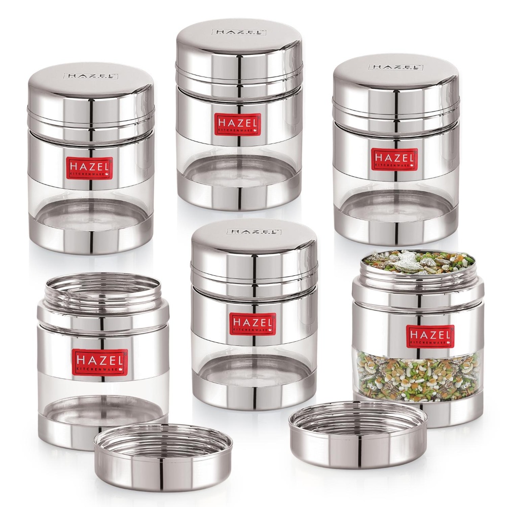 HAZEL Stainless Steel See Through Transparent Container | Kitchen Air Tight Storage Dabba Containers Set of 6, 400 ML