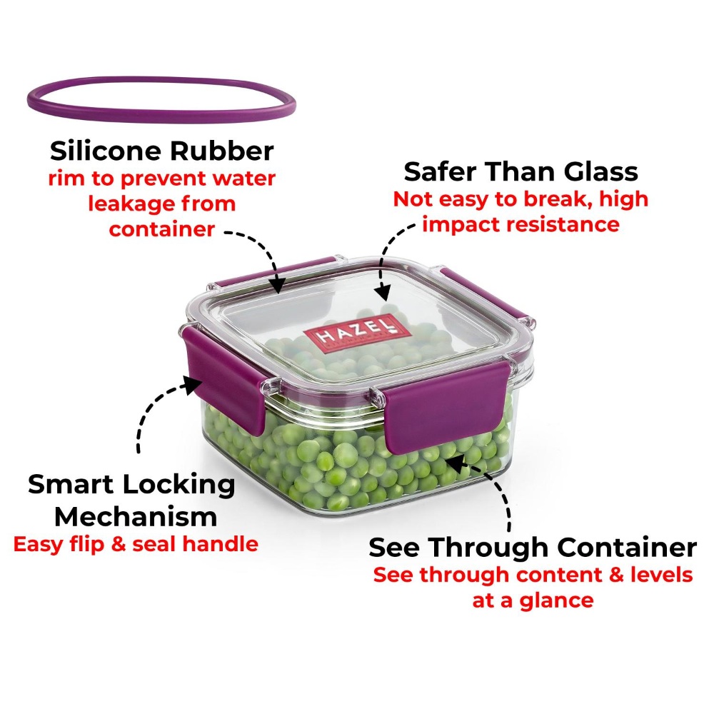 HAZEL Plastic Square Airtight Leak proof Microwave Safe Container Dabba, 600 ML